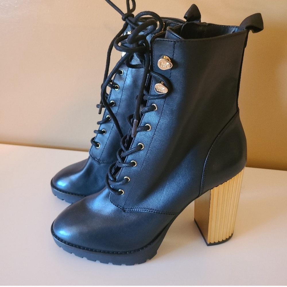 Michael Kors gold and black metal heel combat boot.